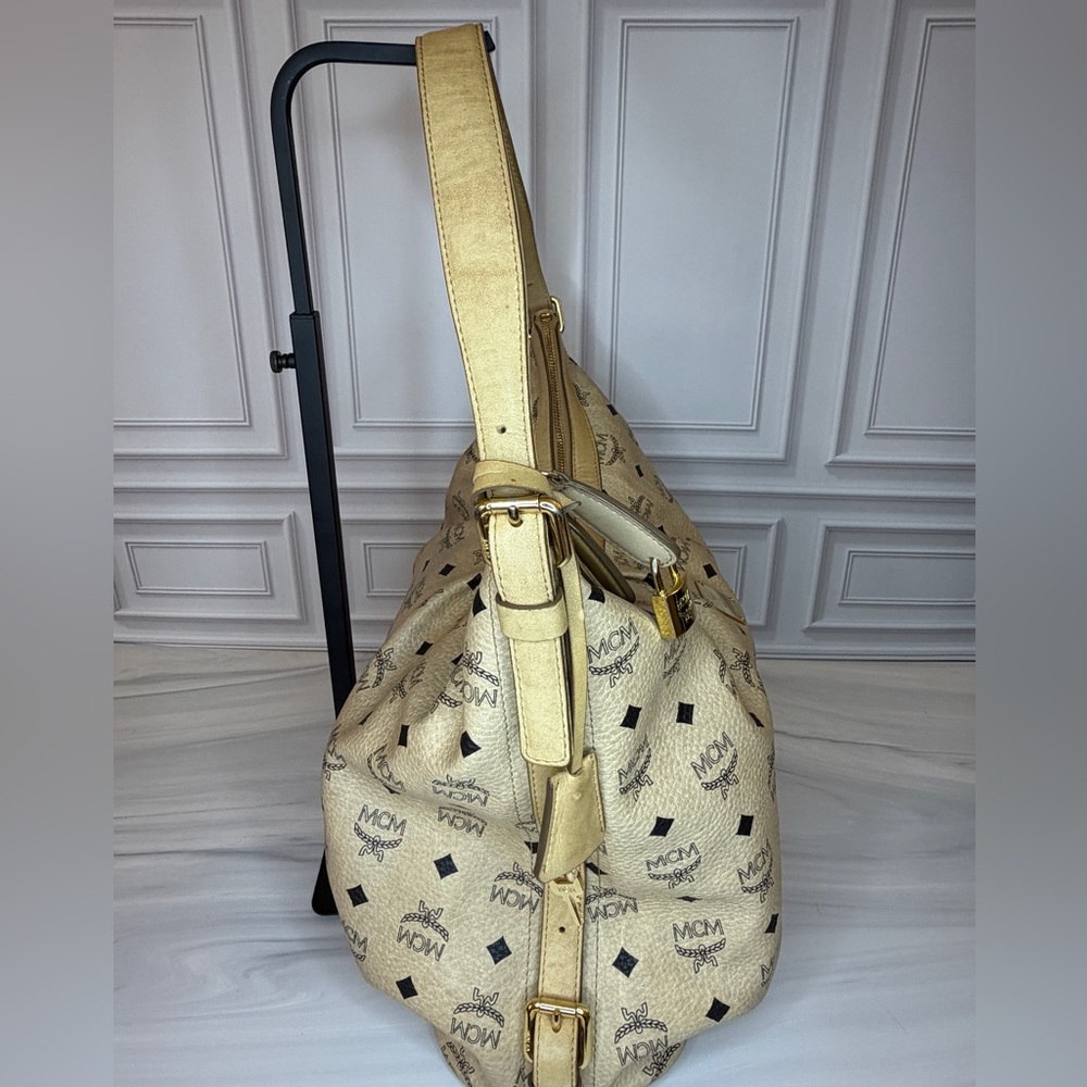 MCM Light Beige Visetos Leather Monogram Hobo Shoulder Bag | Lock & Key Included - Picture 4 of 12